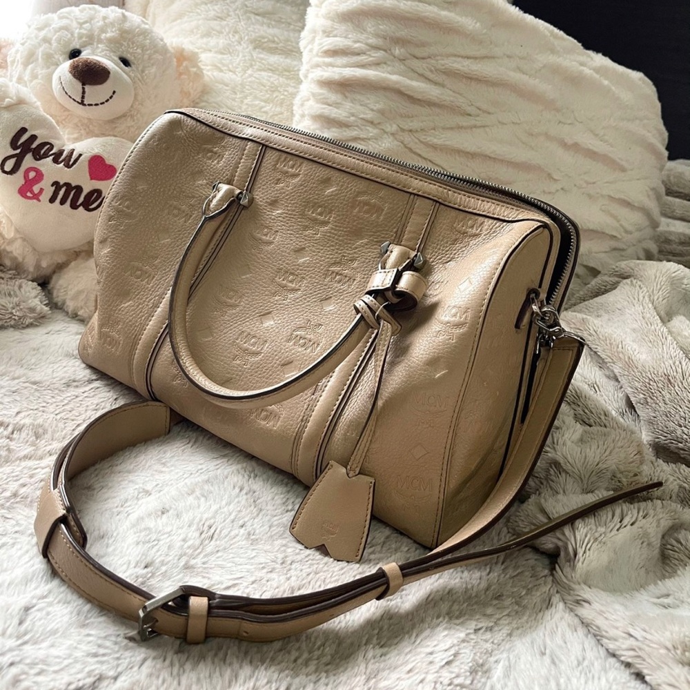 MCM Beige Monogram Soft Leather Speedy Top Handle Crossbody HandBag